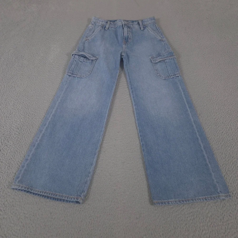 Old Navy Jeans Girls 12 Blue Baggy Wide Leg Cargo High Rise Built-In Tough Denim